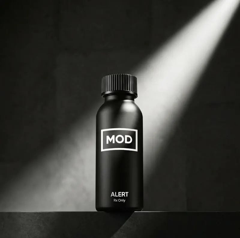 MOD alert bottle with shining light black background